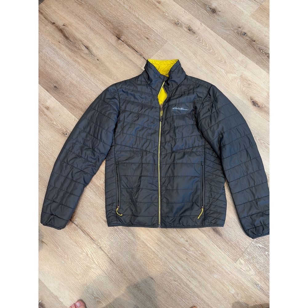 Eddie Bauer Mens Reversible Puffer Jacket Grey Yellow Quilted Full Zip Insulated